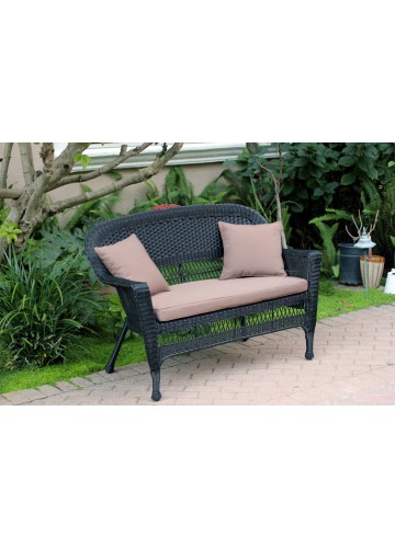 Black Wicker Patio Love Seat With Brown Cushion and Pillows