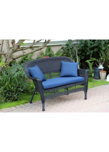 Black Wicker Patio Love Seat With Midnight Blue Cushion and Pillows