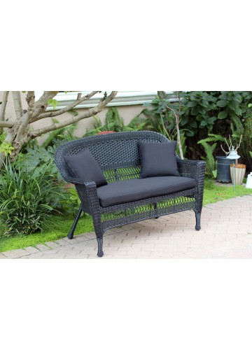 Black Wicker Patio Love Seat With Black Cushion and Pillows