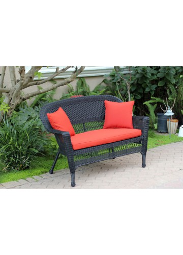 Black Wicker Patio Love Seat With Brick Red Cushion and Pillows