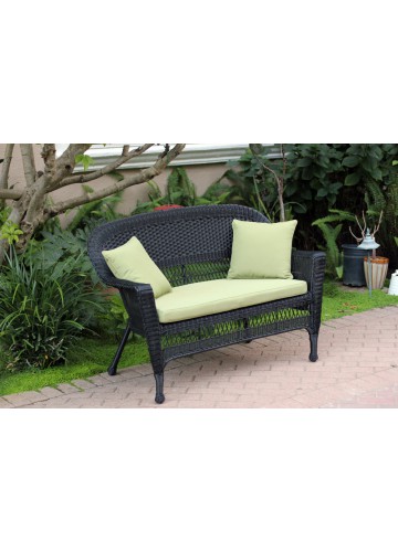 Black Wicker Patio Love Seat With Sage Green Cushion and Pillows