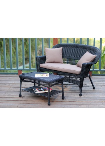 Black Wicker Patio Love Seat And Coffee Table Set With Brown Cushion