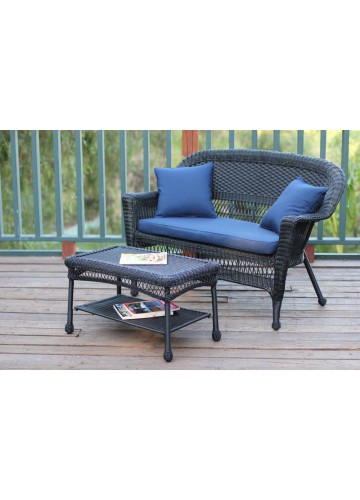 Black Wicker Patio Love Seat And Coffee Table Set With Midnight Blue Cushion