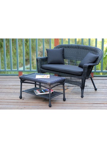 Black Wicker Patio Love Seat And Coffee Table Set With Black Cushion