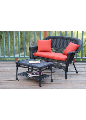 Black Wicker Patio Love Seat And Coffee Table Set With Brick Red Cushion