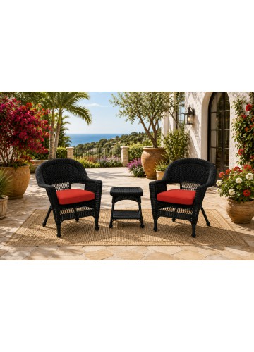 Black Wicker Chair And End Table Set With Brick Red Cushion