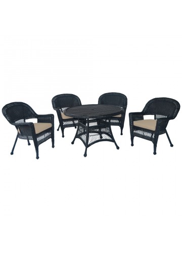 5pc Black Wicker Dining Set - Tan Cushions