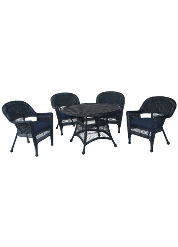 5pc Black Wicker Dining Set - Midnight Blue Cushions