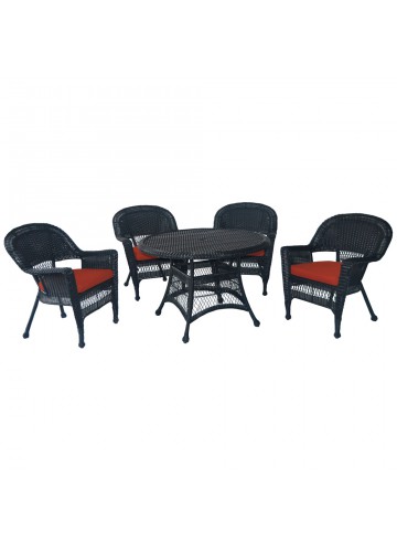 5pc Black Wicker Dining Set - Brick Red Cushions