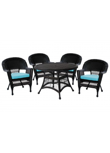 5pc Black Wicker Dining Set - Sky Blue Cushions
