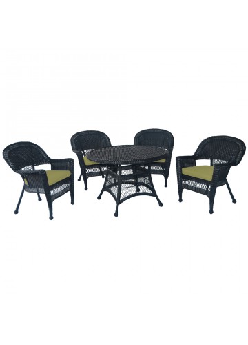 5pc Black Wicker Dining Set - Sage Green Cushions