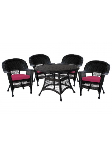 5pc Black Wicker Dining Set - Red Cushions