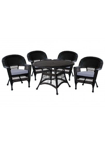 5pc Black Wicker Dining Set - Steel Blue Cushions