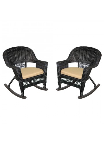Black Rocker Wicker Chair with Tan Cushion - Set of 2