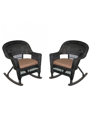 Black Rocker Wicker Chair with Brown Cushion - Set of 2