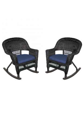 Black Rocker Wicker Chair with Midnight Blue Cushion - Set of 2