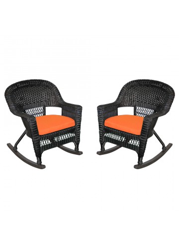 Black Rocker Wicker Chair with Orange Cushion - Set of 2