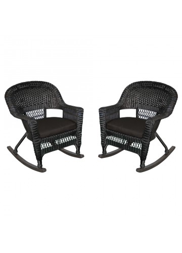 Black Rocker Wicker Chair with Black Cushion - Set of 2