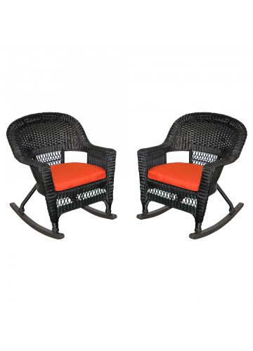 Black Rocker Wicker Chair with Brick Red Cushion - Set of 2