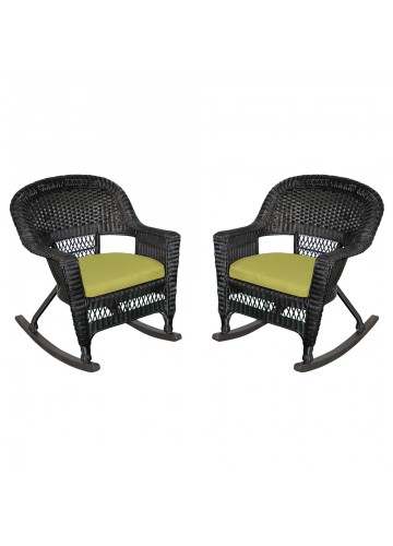 Black Rocker Wicker Chair with Sage Green Cushion - Set of 2