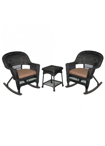 3pc Black Rocker Wicker Chair Set With Brown Cushion