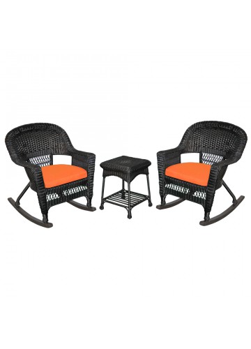 3pc Black Rocker Wicker Chair Set With Orange Cushion