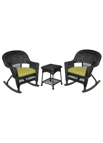 3pc Black Rocker Wicker Chair Set With Sage Green Cushion