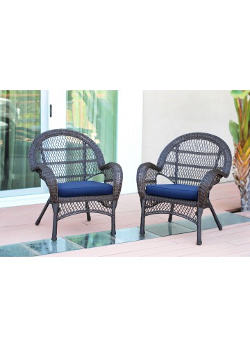 Santa Maria Espresso Wicker Chair with Midnight Blue Cushion - Set of 2