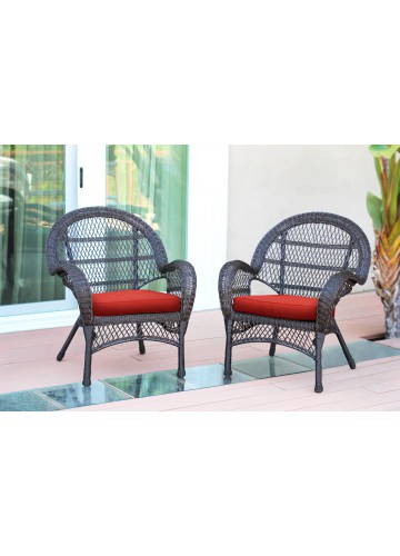 Santa Maria Espresso Wicker Chair with Brick Red Cushion - Set of 2