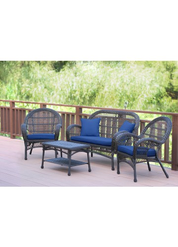 4pc Santa Maria Espresso Wicker Conversation Set - Midnight Blue Cushions