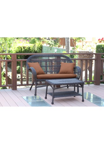 Santa Maria Espresso Wicker Patio Love Seat And Coffee Table Set - Brown Cushion