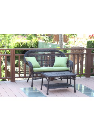 Santa Maria Espresso Wicker Patio Love Seat And Coffee Table Set - Sage Green Cushion