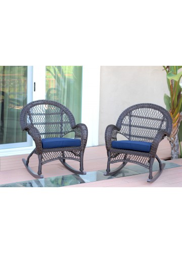 Espresso Wicker Rocker Chair with Midnight Blue Cushion - Set of 4