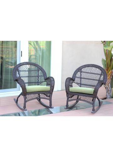 Espresso Wicker Rocker Chair with Sage Green Cushion - Set of 4