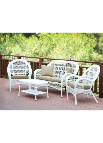 4pc Santa Maria White Wicker Conversation Set - Tan Cushions