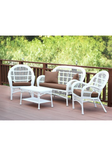 4pc Santa Maria White Wicker Conversation Set - Brown Cushions