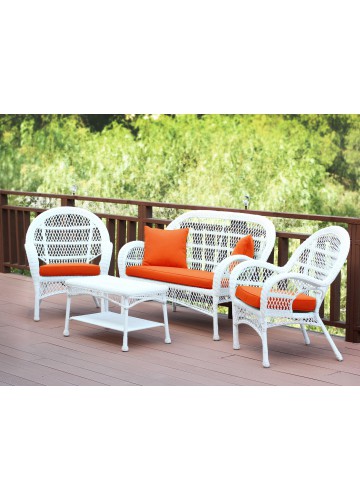 4pc Santa Maria White Wicker Conversation Set - Orange Cushions