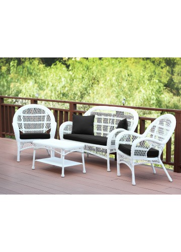 4pc Santa Maria White Wicker Conversation Set - Black Cushions