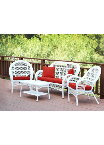 4pc Santa Maria White Wicker Conversation Set - Brick Red Cushions