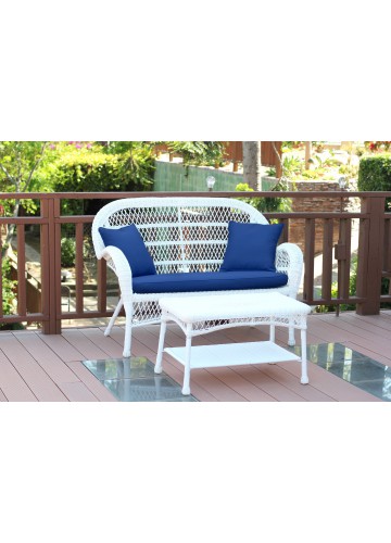 Santa Maria White Wicker Patio Love Seat And Coffee Table Set - Midnight Blue Cushion