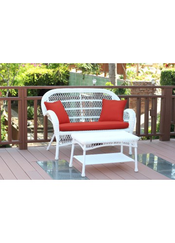 Santa Maria White Wicker Patio Love Seat And Coffee Table Set - Brick Red Cushion