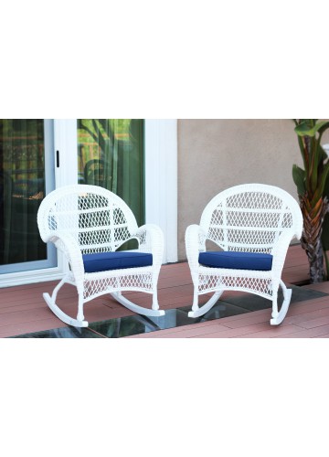 Santa Maria White Wicker Rocker Chair with Midnight Blue Cushion - Set of 4