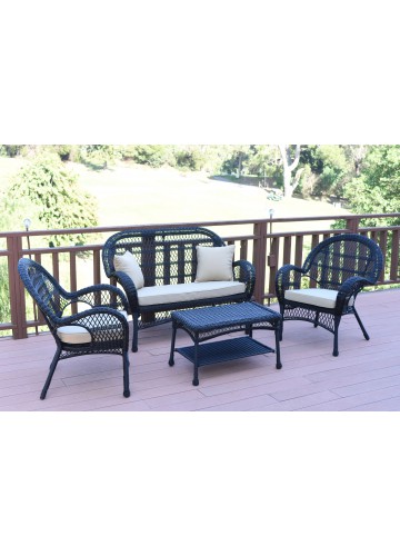 4pc Santa Maria Black Wicker Conversation Set - Tan Cushions