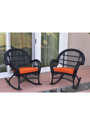 Santa Maria Black Wicker Rocker Chair with Orange Cushion - Set of 2