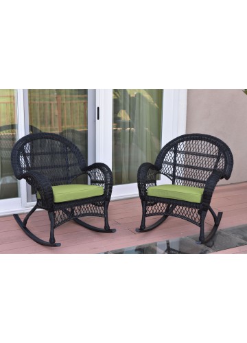 Santa Maria Black Wicker Rocker Chair with Sage Green Cushion - Set of 2