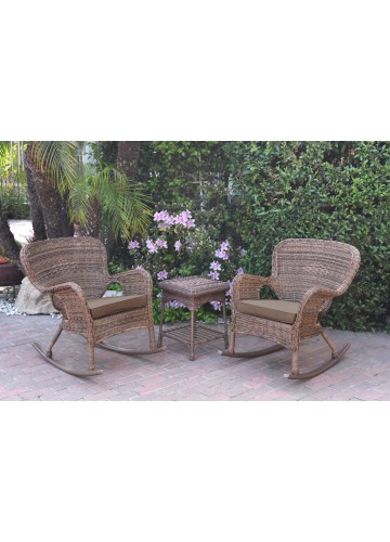 Windsor Honey Wicker Rocker Chair And End Table Set With Brown Chair Cushion