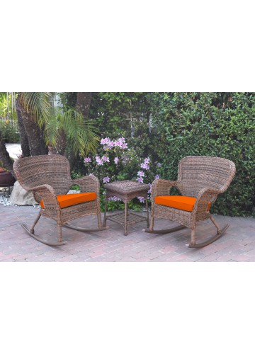 Windsor Honey Wicker Rocker Chair And End Table Set With Orange Chair Cushion