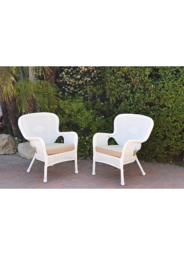 Set of 2 Windsor White Resin Wicker Chair with Tan Cushions