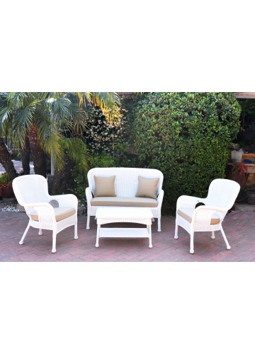 4pc Windsor White Wicker Conversation Set - Tan Cushions