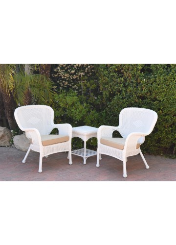 Windsor White Wicker Chair And End Table Set With Tan Chair Cushion